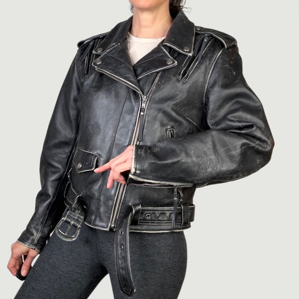Harley Davidson Distressed Leather Motorcycle Jacket Biker Coat Moto‎ Black M